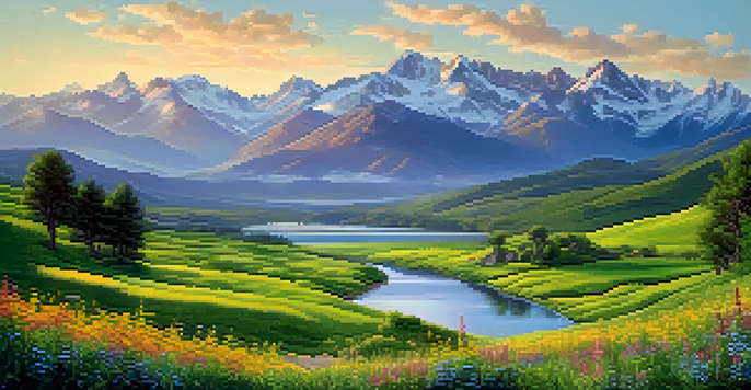 A vibrant landscape with a green valley, a winding river, mountains in the background, and colorful wildflowers in the foreground under a clear blue sky.