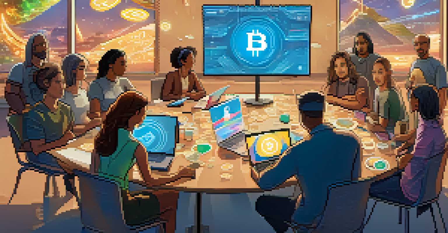 A group of people discussing cryptocurrency investments at a table, with laptops and a screen showing data in a bright room.