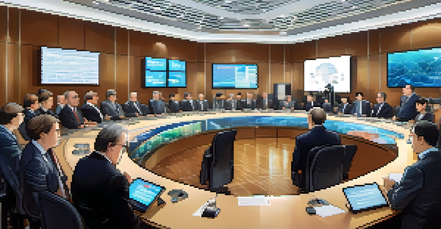 A conference room with central bank officials discussing cryptocurrency regulations, equipped with modern technology and graphs.