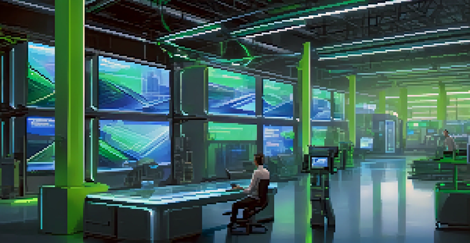 A modern warehouse with robotic arms sorting packages and screens displaying real-time data, illustrating smart contract technology in action.