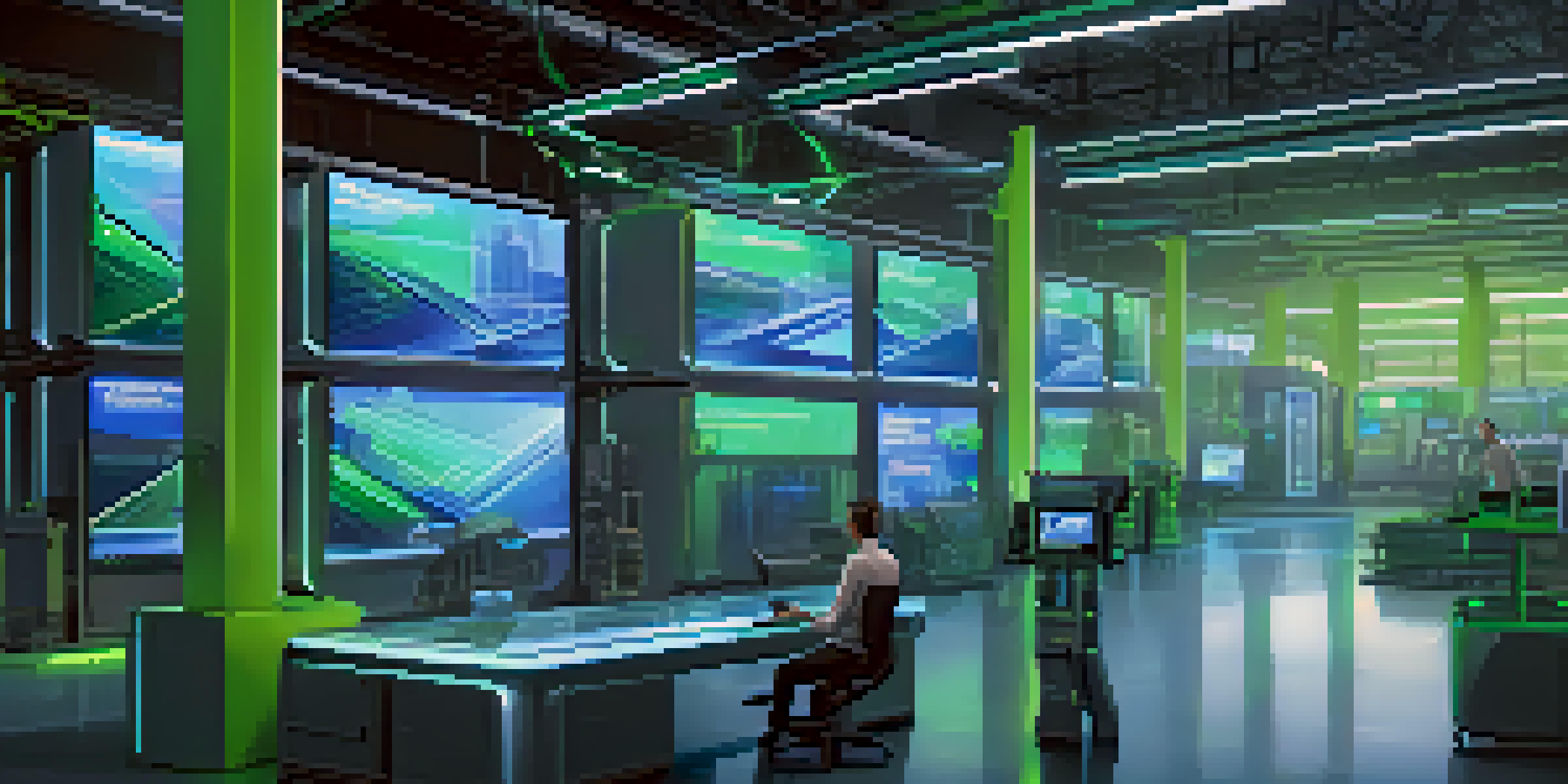 A modern warehouse with robotic arms sorting packages and screens displaying real-time data, illustrating smart contract technology in action.