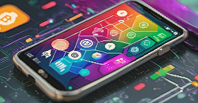 A smartphone displaying a modern software wallet interface with cryptocurrency icons, set against an abstract digital backdrop.