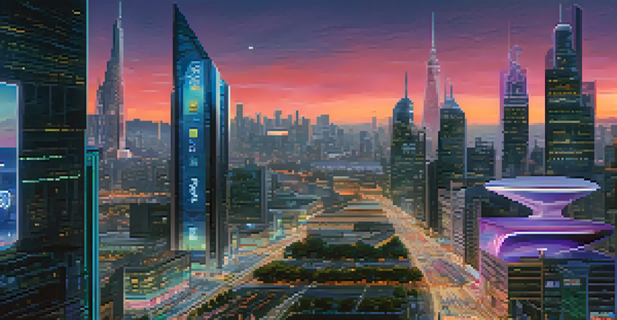 A futuristic urban skyline at dusk with illuminated skyscrapers and a busy street featuring people and autonomous vehicles.