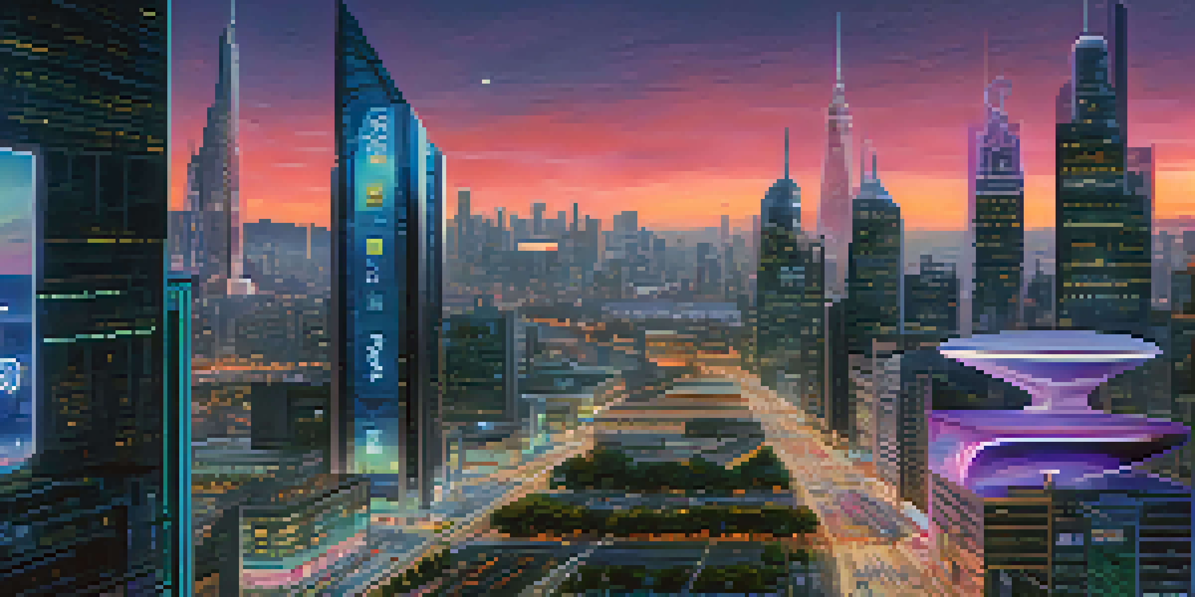 A futuristic urban skyline at dusk with illuminated skyscrapers and a busy street featuring people and autonomous vehicles.