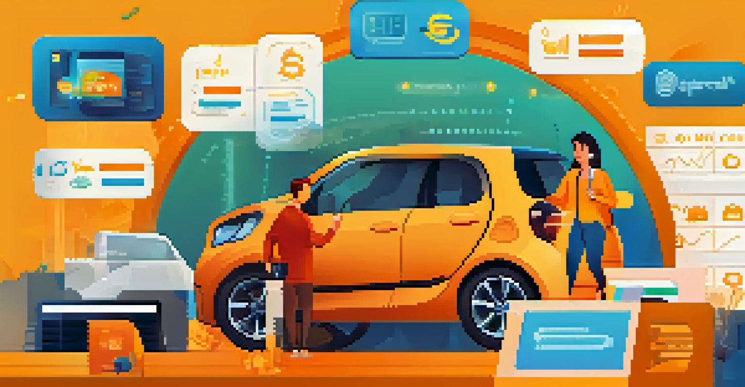An infographic depicting the process of vehicle financing with smart contracts, showing a happy buyer and digital icons for loan approval and payment automation in a modern dealership.