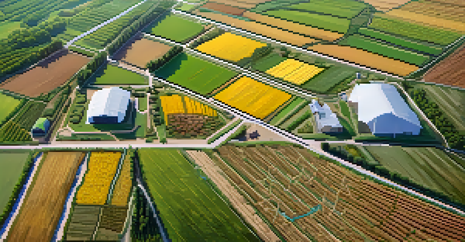 An aerial view of a farm with various crops and digital connections representing blockchain technology.