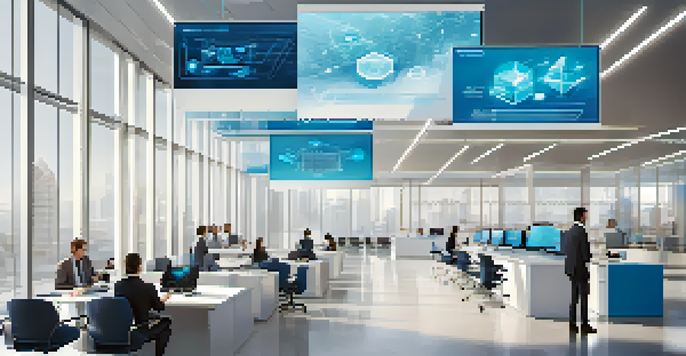 A modern insurance office with digital screens and employees discussing blockchain technology.