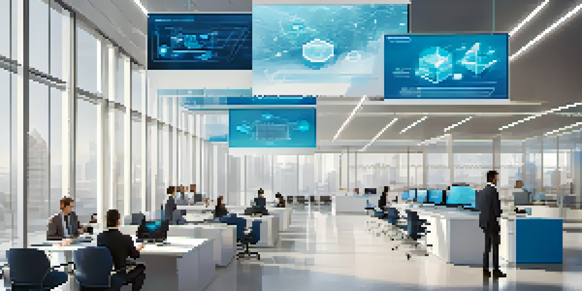 A modern insurance office with digital screens and employees discussing blockchain technology.