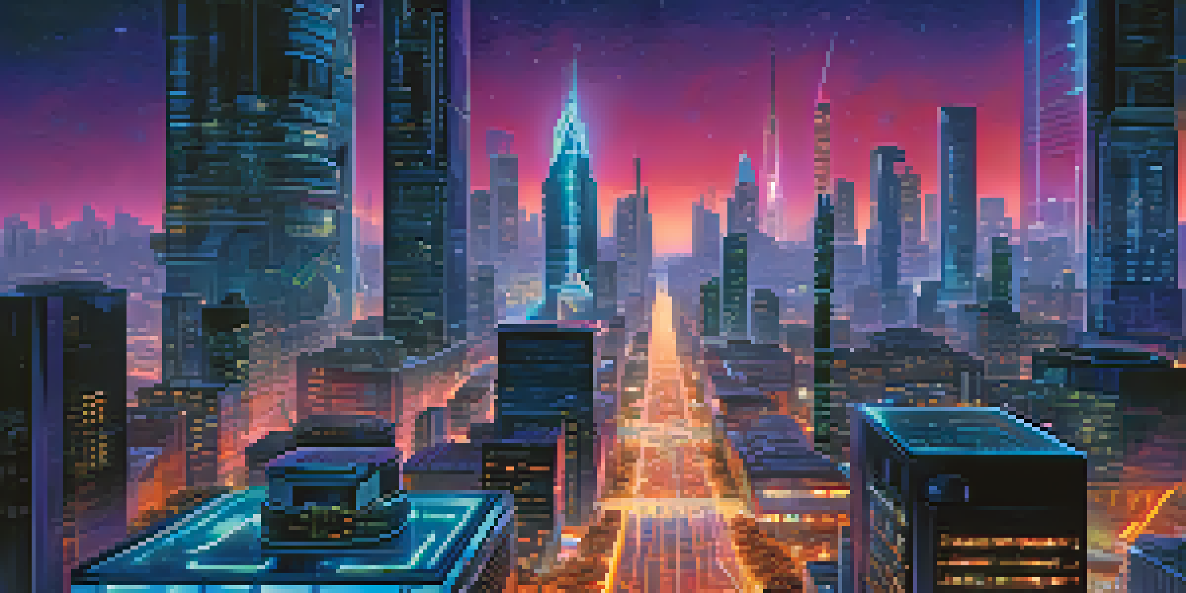 A modern city with advanced quantum computers and neon lights reflecting off skyscrapers in a twilight sky.