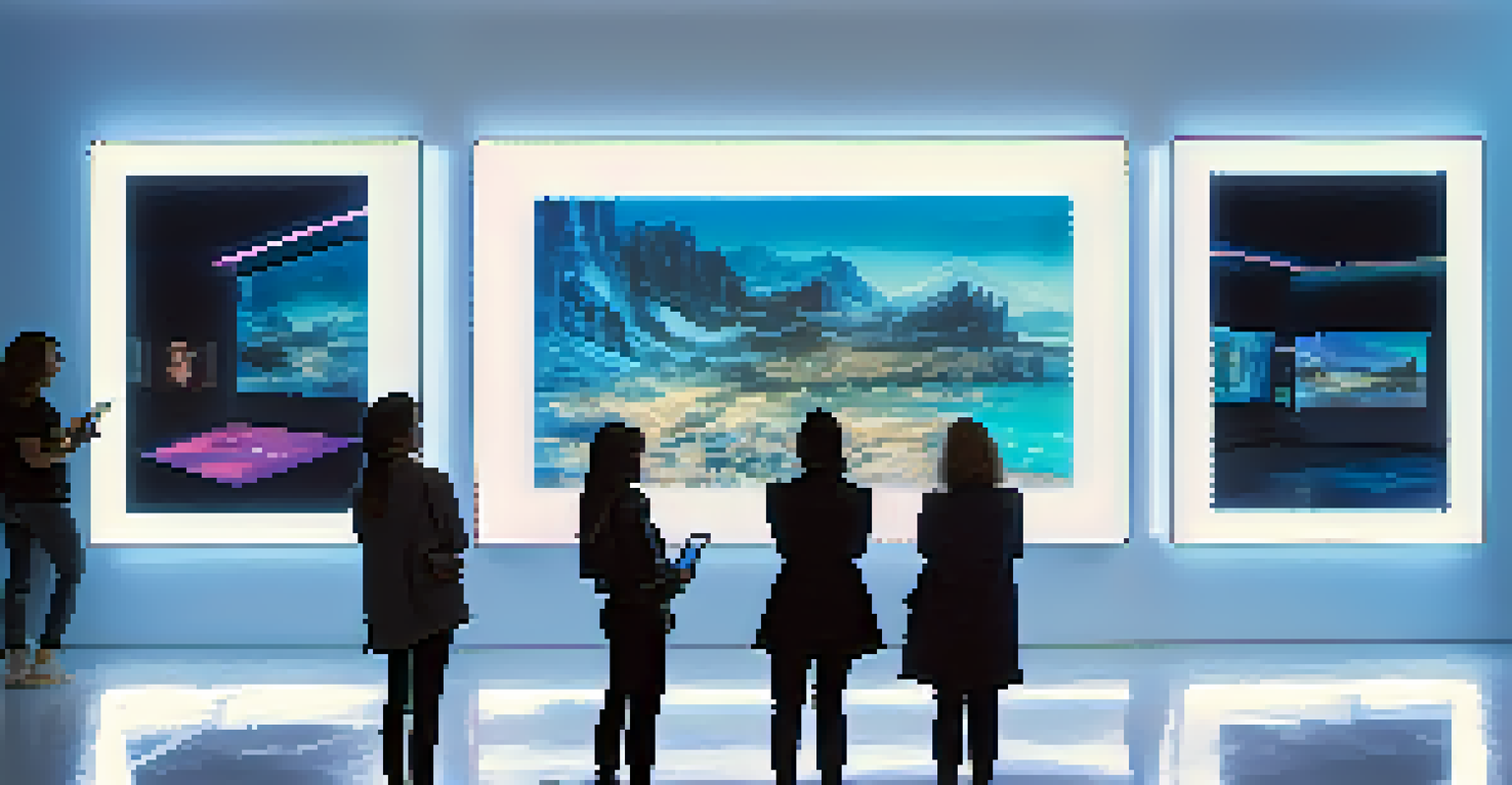 A modern art gallery with digital artworks displayed on screens, featuring visitors interacting with technology in a futuristic environment.