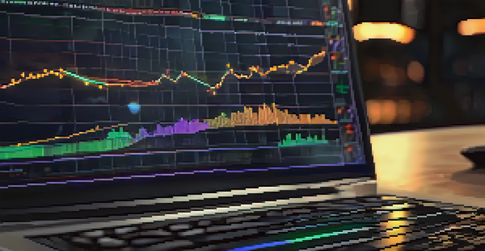 A close-up of a computer screen displaying a cryptocurrency chart with technical indicators, illuminated in vibrant colors.
