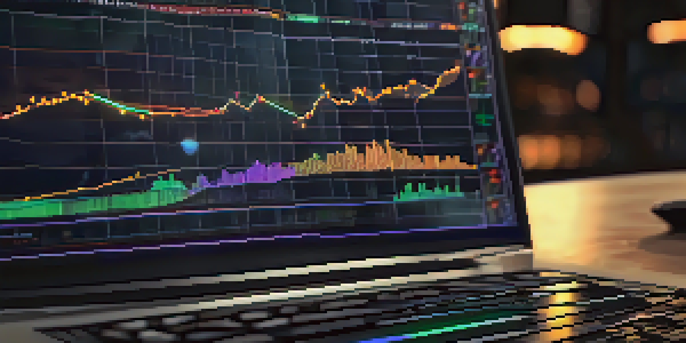 A close-up of a computer screen displaying a cryptocurrency chart with technical indicators, illuminated in vibrant colors.