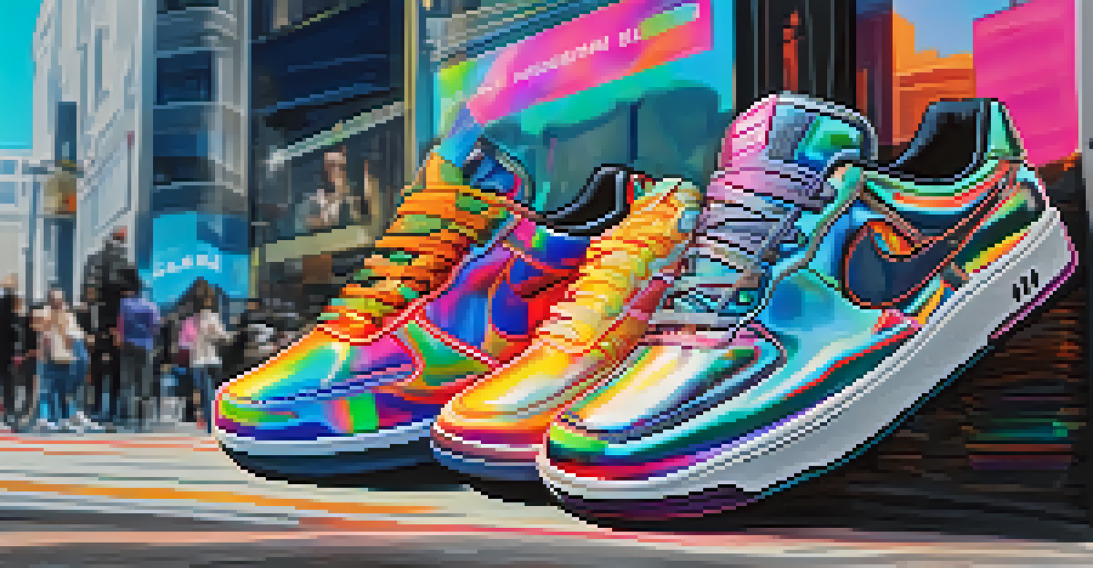 A pair of eco-friendly sneakers next to a holographic display showing their supply chain history.