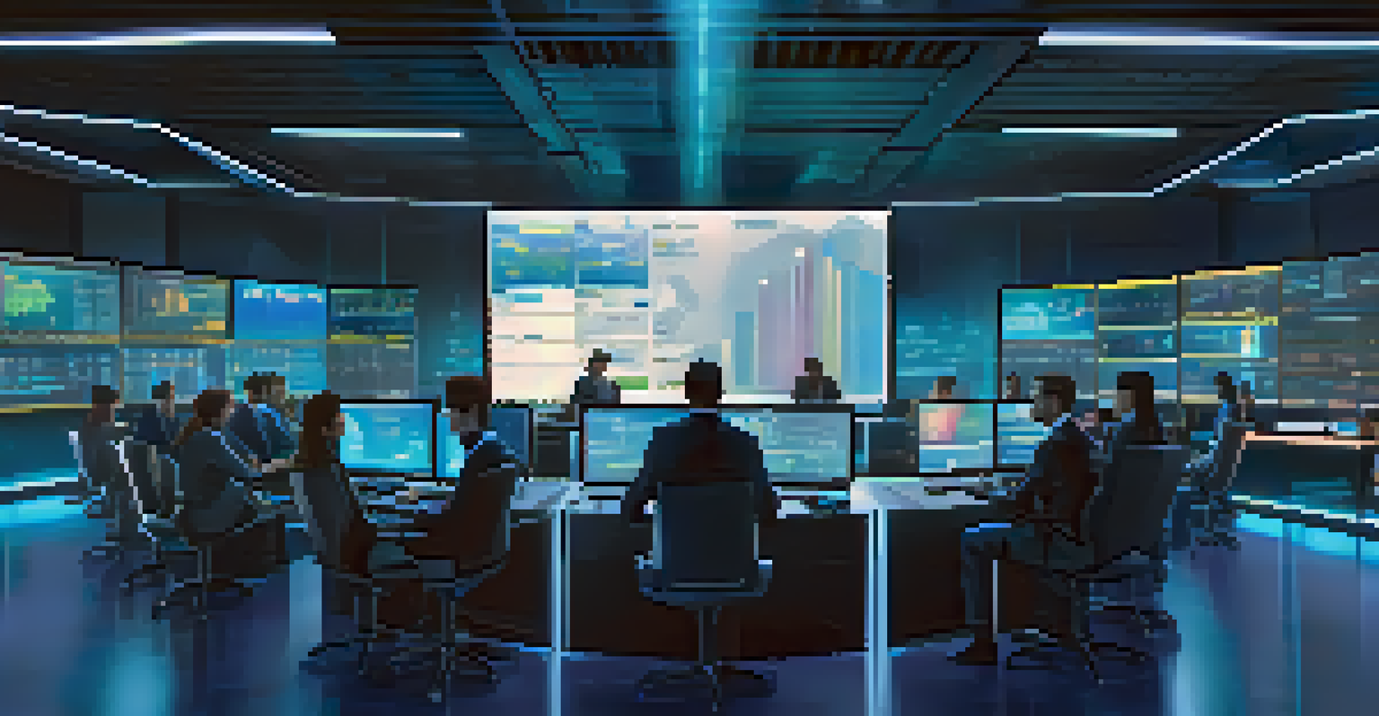 A modern trading room with advanced technology and diverse traders discussing cryptocurrency market data.