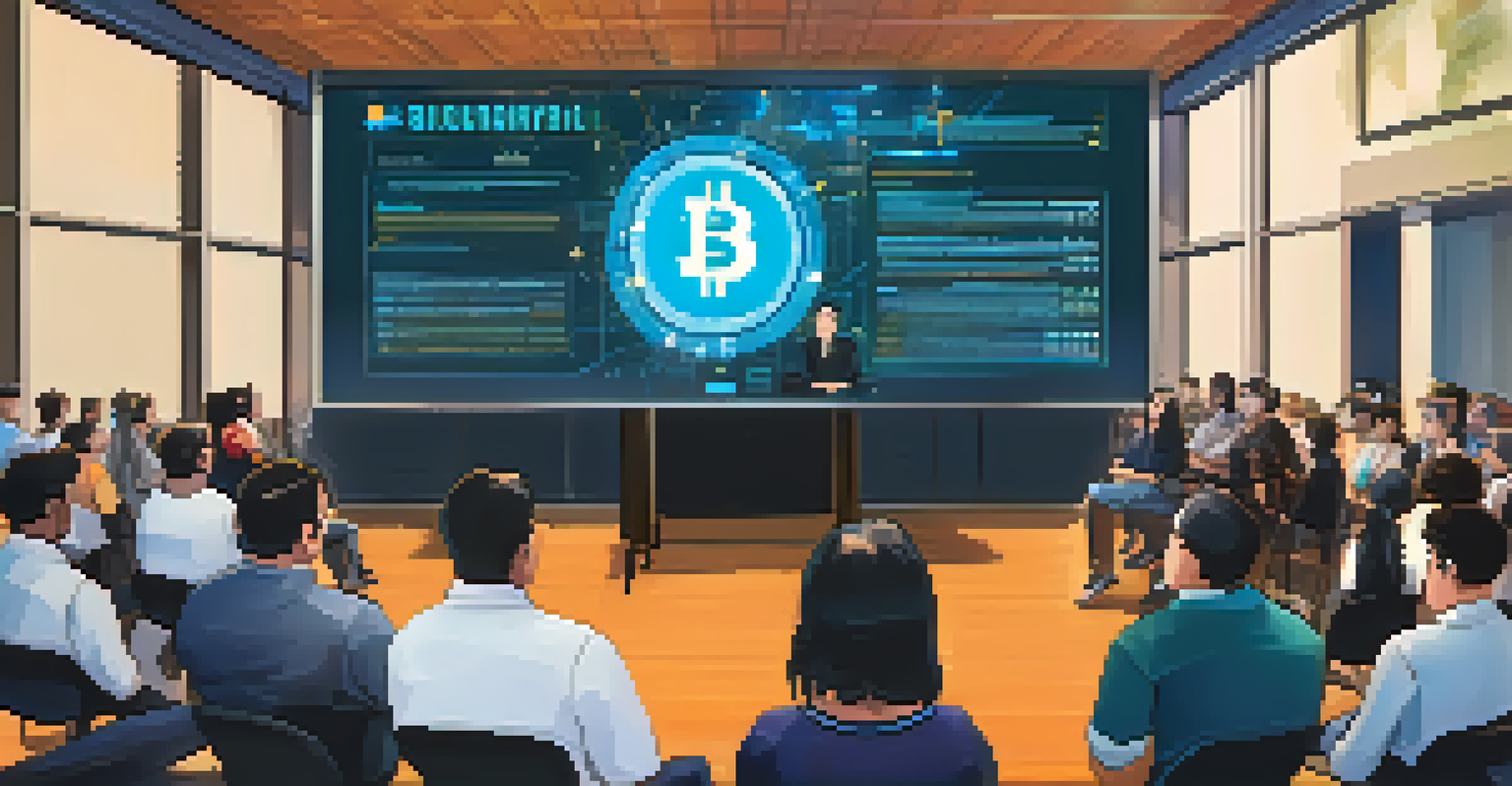 A diverse group of people attending a cryptocurrency educational workshop with a speaker and informative graphics.