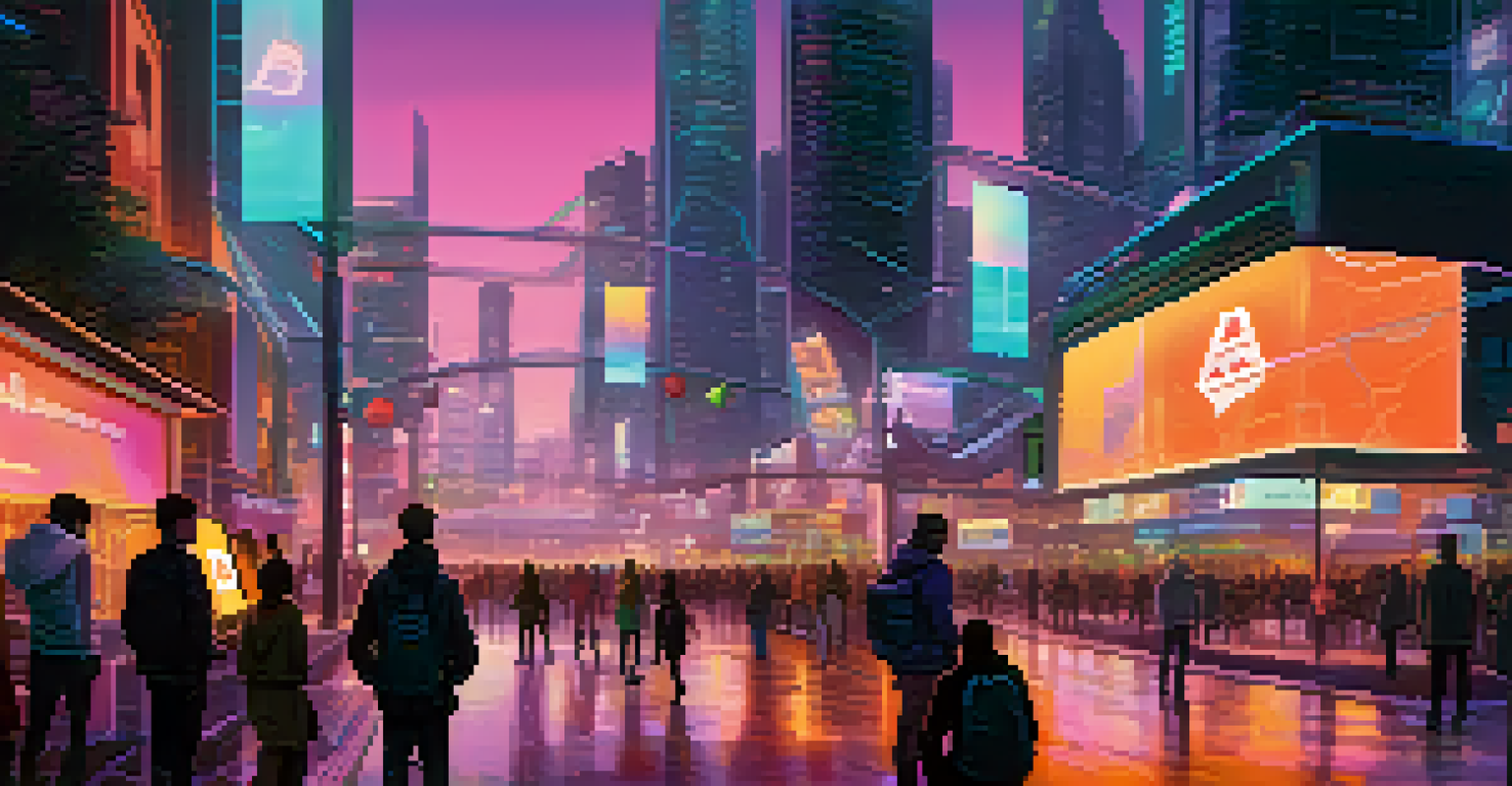 A futuristic city with technology and community interactions, featuring digital billboards and diverse people engaged in governance.