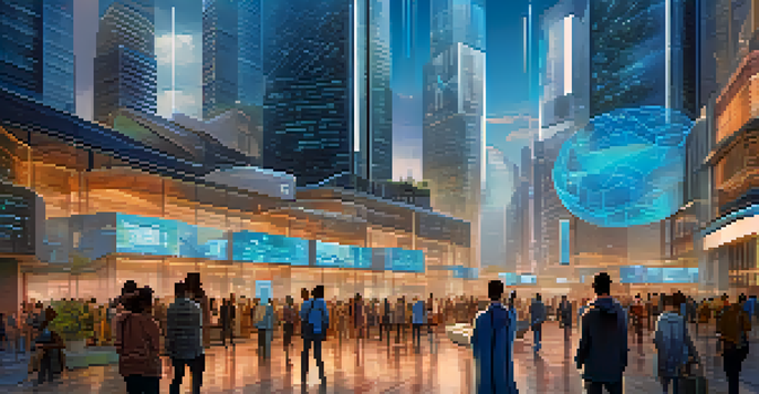 A modern city with a building displaying blockchain technology, people interacting with devices, and a vibrant blue sky.