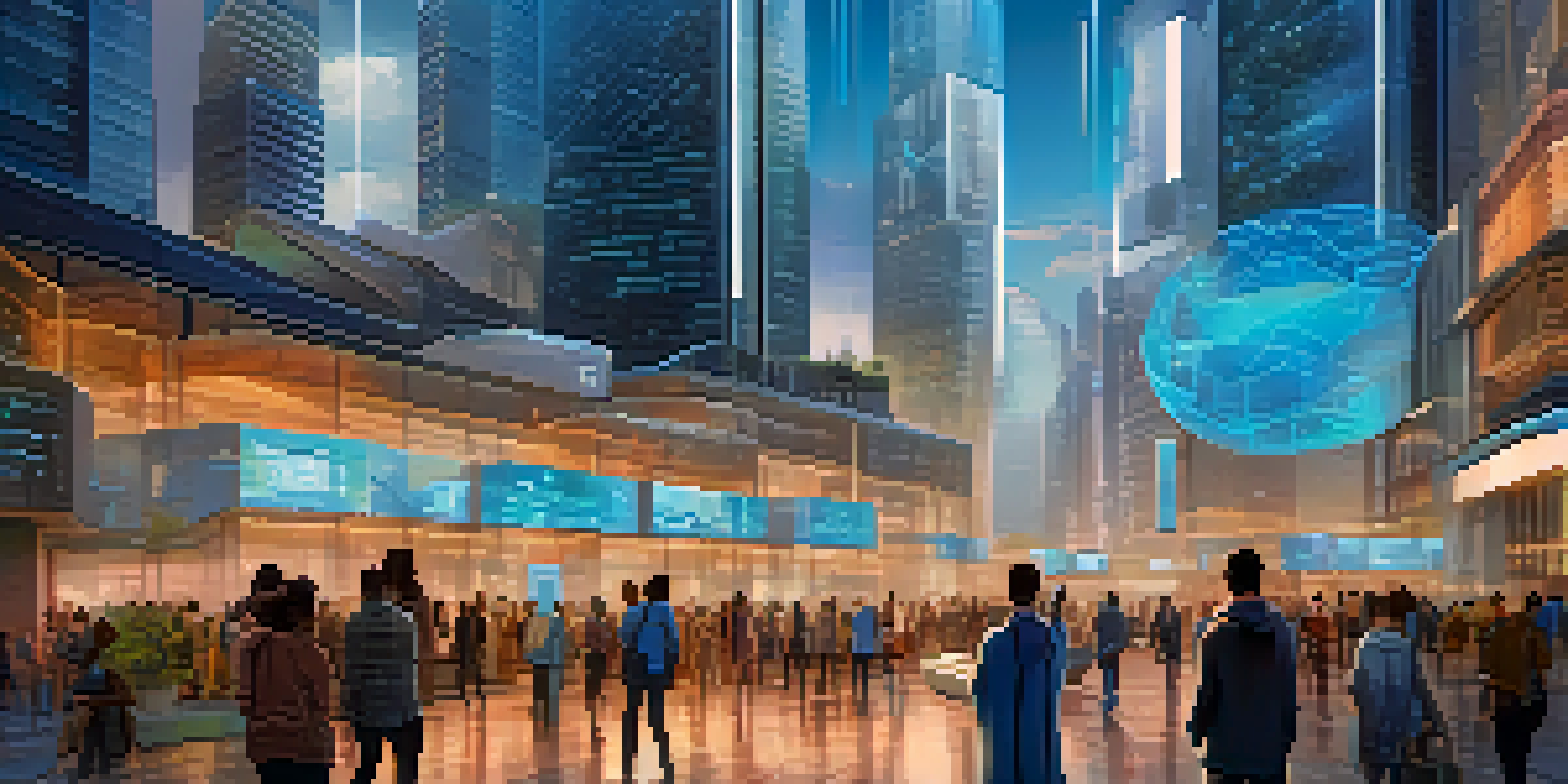 A modern city with a building displaying blockchain technology, people interacting with devices, and a vibrant blue sky.