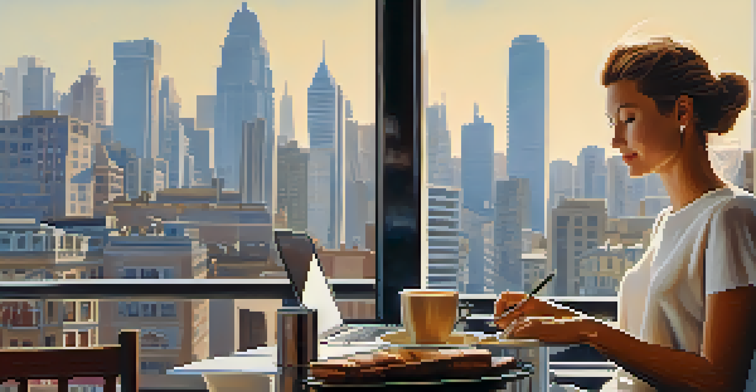A person at an outdoor café using a laptop for margin trading, enjoying coffee with a cityscape in the background.
