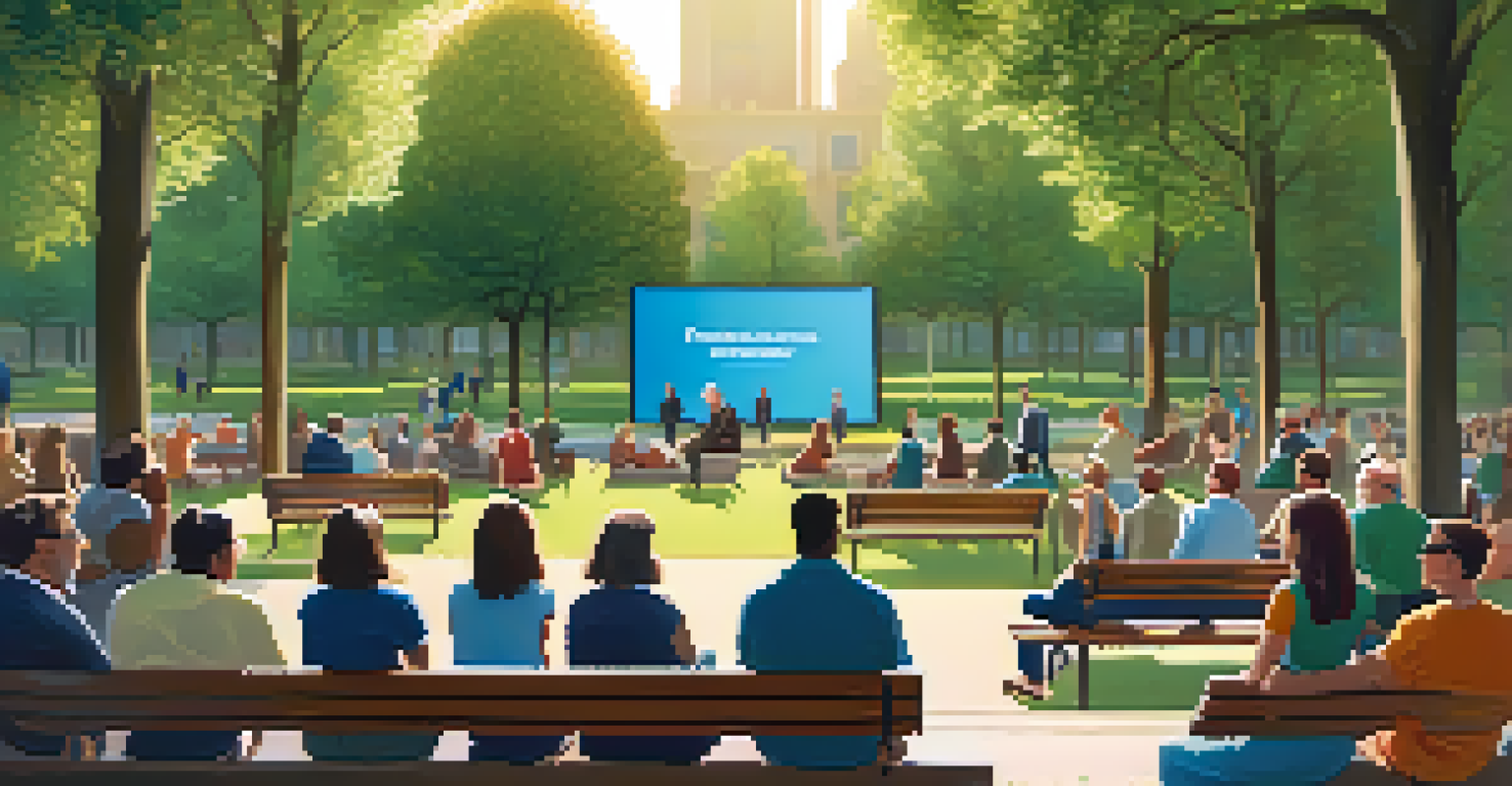 A diverse group of people in a park discussing decentralized insurance around a large screen.