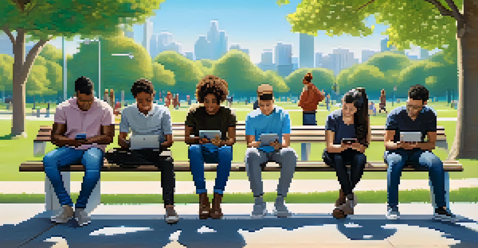 A group of diverse individuals in a park making transactions with stablecoins on their mobile devices, surrounded by nature.
