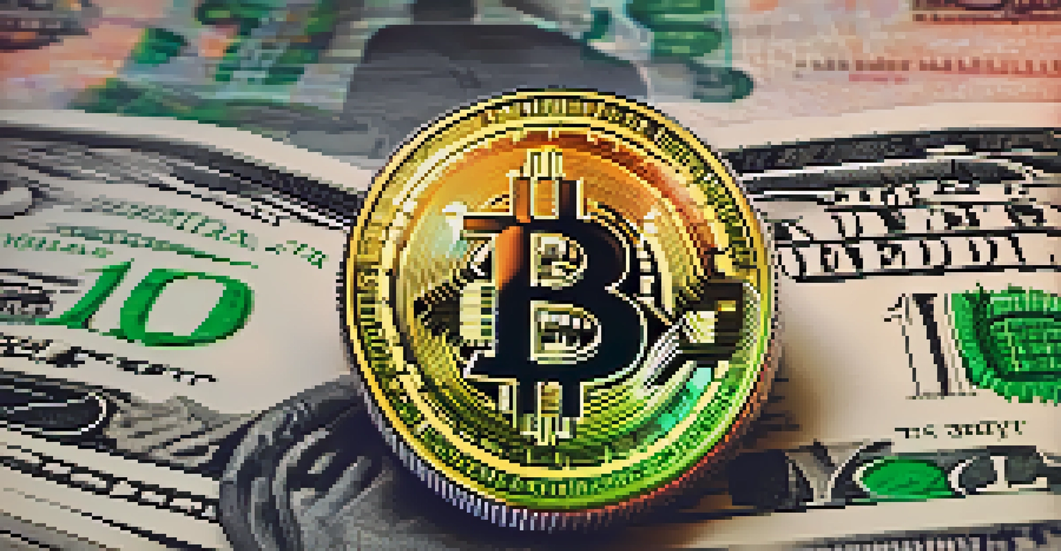 A shiny Bitcoin coin on a stack of dollar bills, with a blurred stock market graph in the background, showcasing the contrast between digital and fiat currencies.