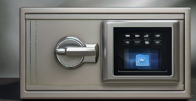 A modern digital safe with a keypad and fingerprint scanner, illuminated in a softly lit environment.