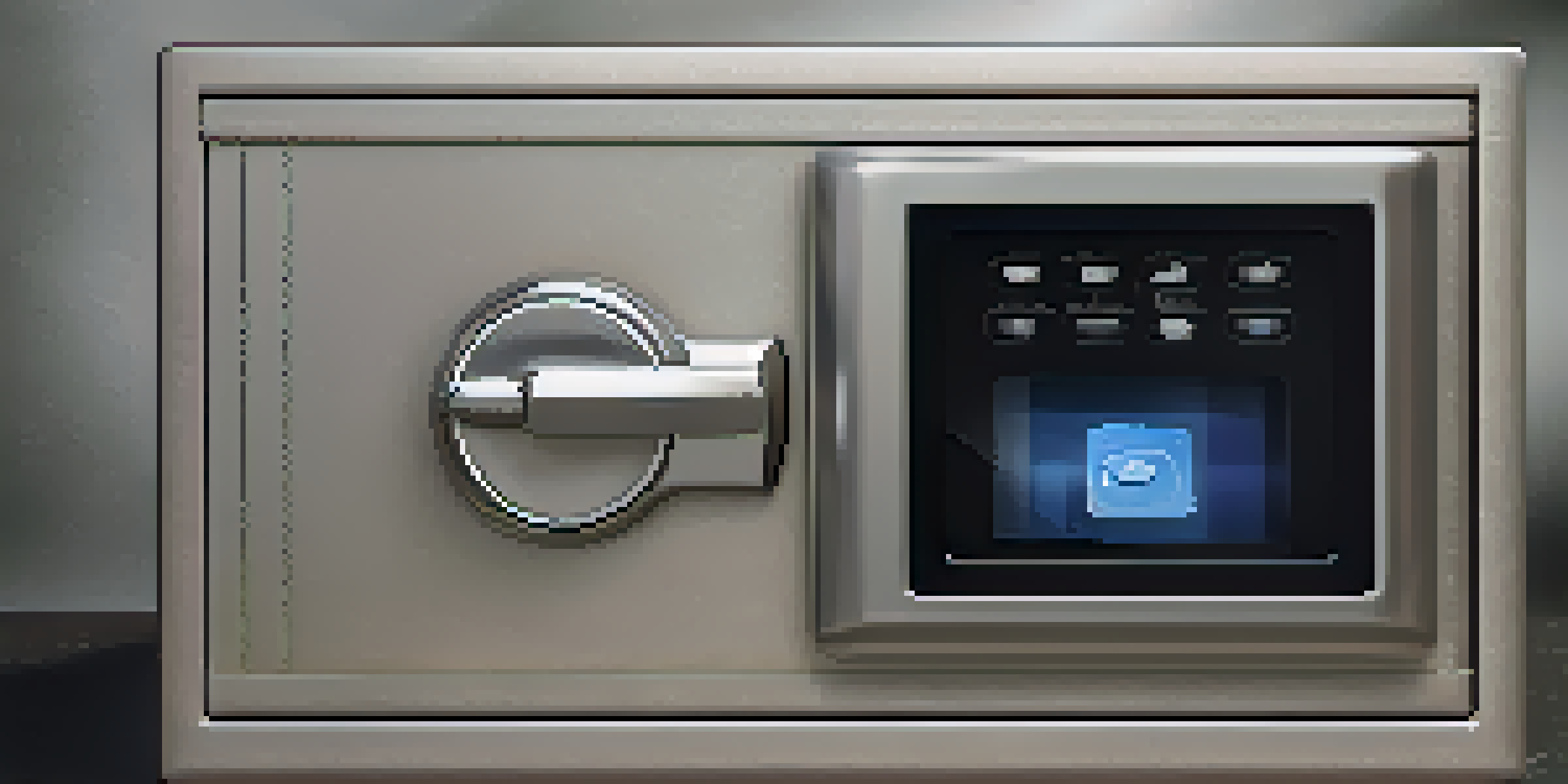 A modern digital safe with a keypad and fingerprint scanner, illuminated in a softly lit environment.