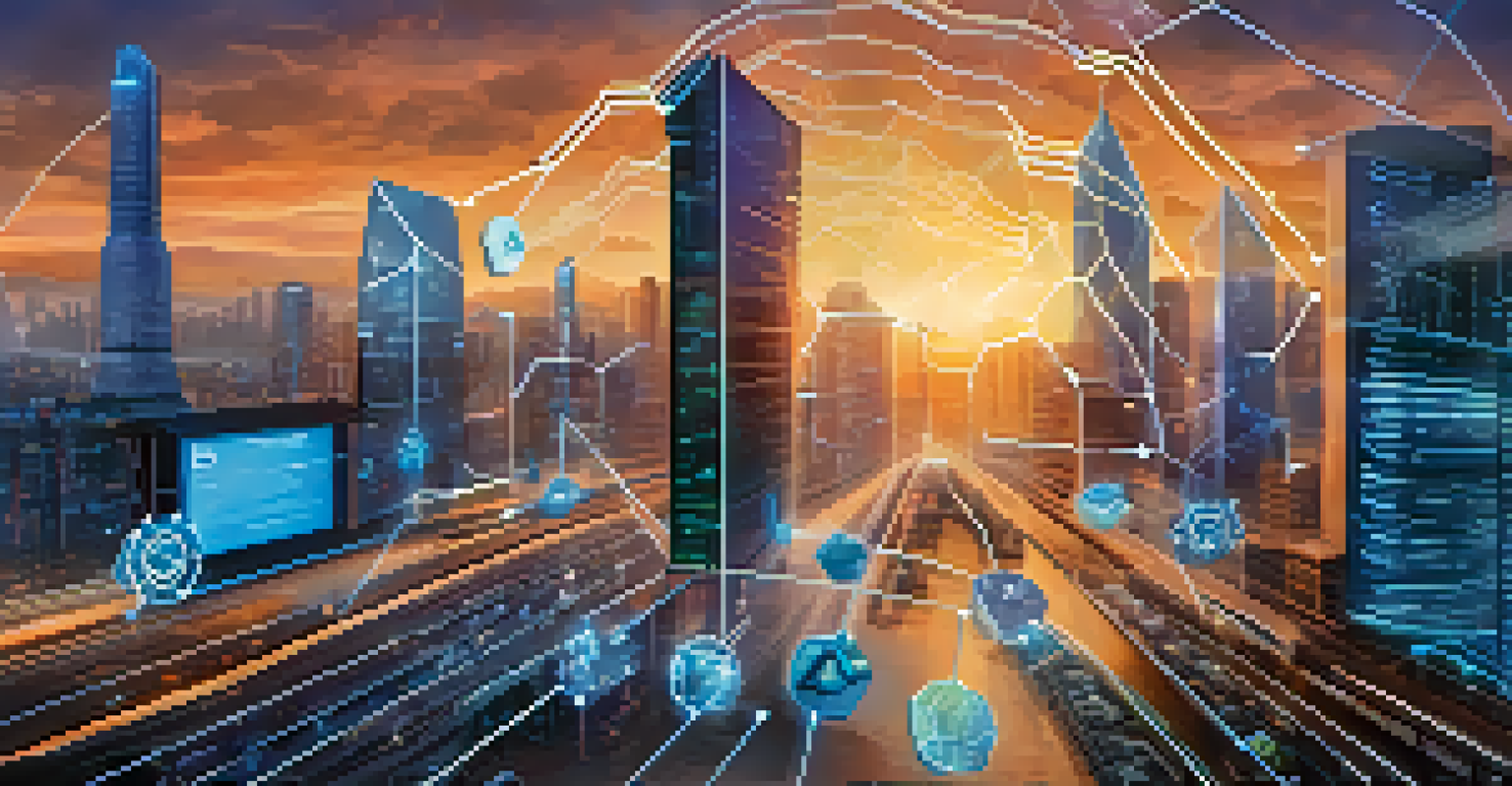 An illustration depicting cryptocurrency transactions in a supply chain, featuring a blockchain and currency symbols.