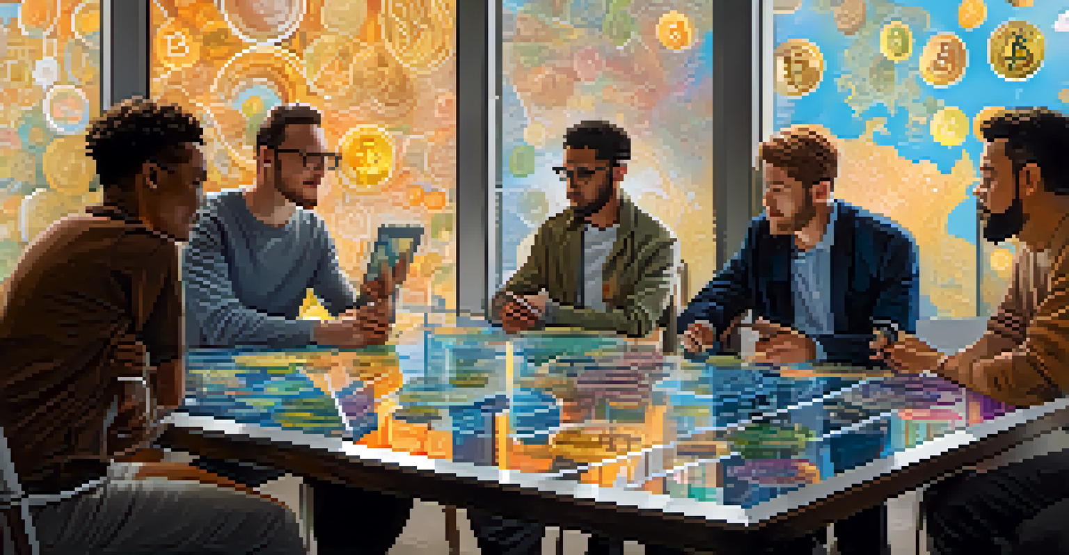 A diverse group of people discussing cryptocurrency with charts and devices on a modern table in a well-lit room adorned with abstract art.