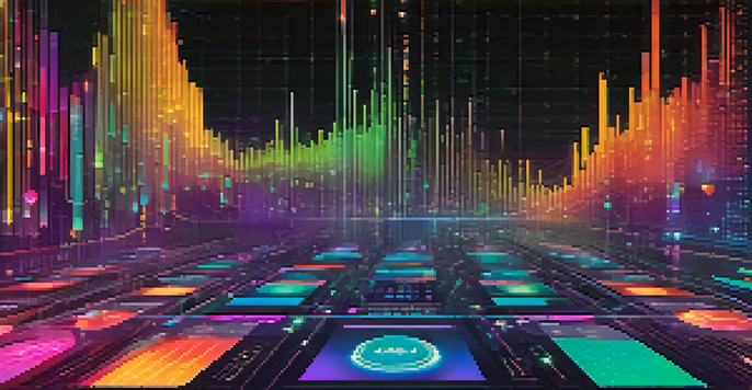 A vibrant decentralized exchange interface with colorful graphs and charts against a digital blockchain background.