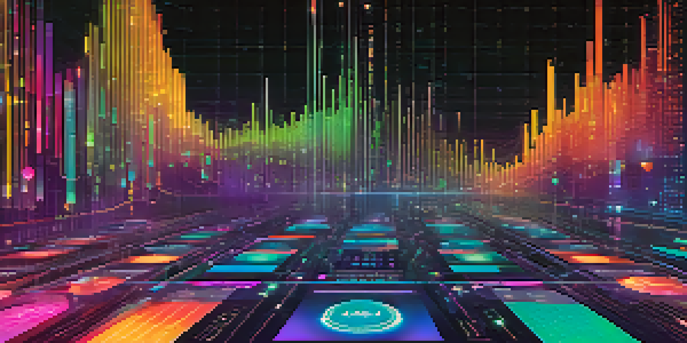 A vibrant decentralized exchange interface with colorful graphs and charts against a digital blockchain background.