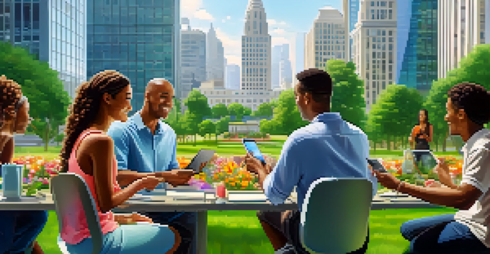 A modern financial district with glass buildings, green parks, and diverse people discussing technology and finance.