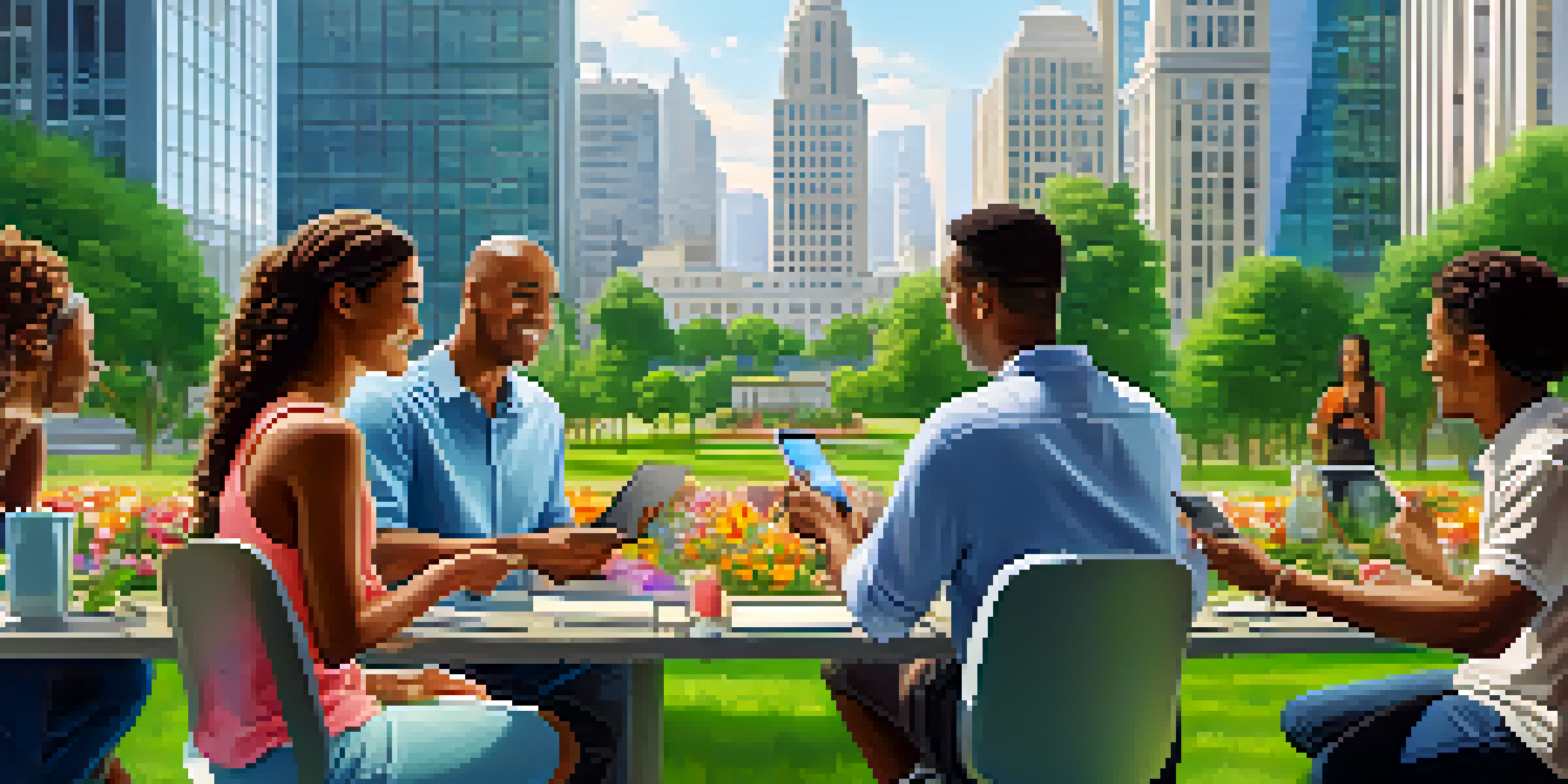 A modern financial district with glass buildings, green parks, and diverse people discussing technology and finance.