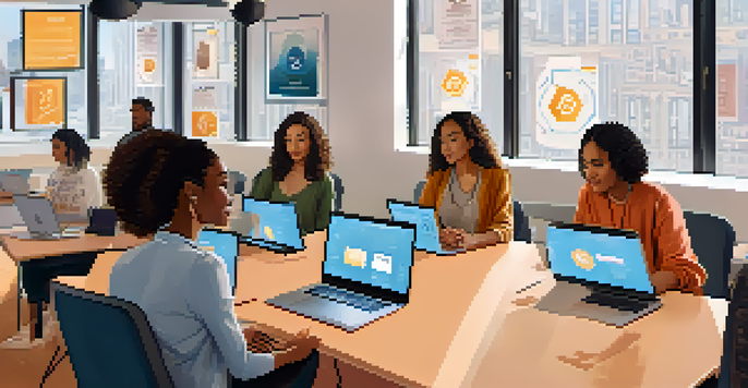 A diverse group of women participating in a cryptocurrency workshop, surrounded by laptops and educational materials.