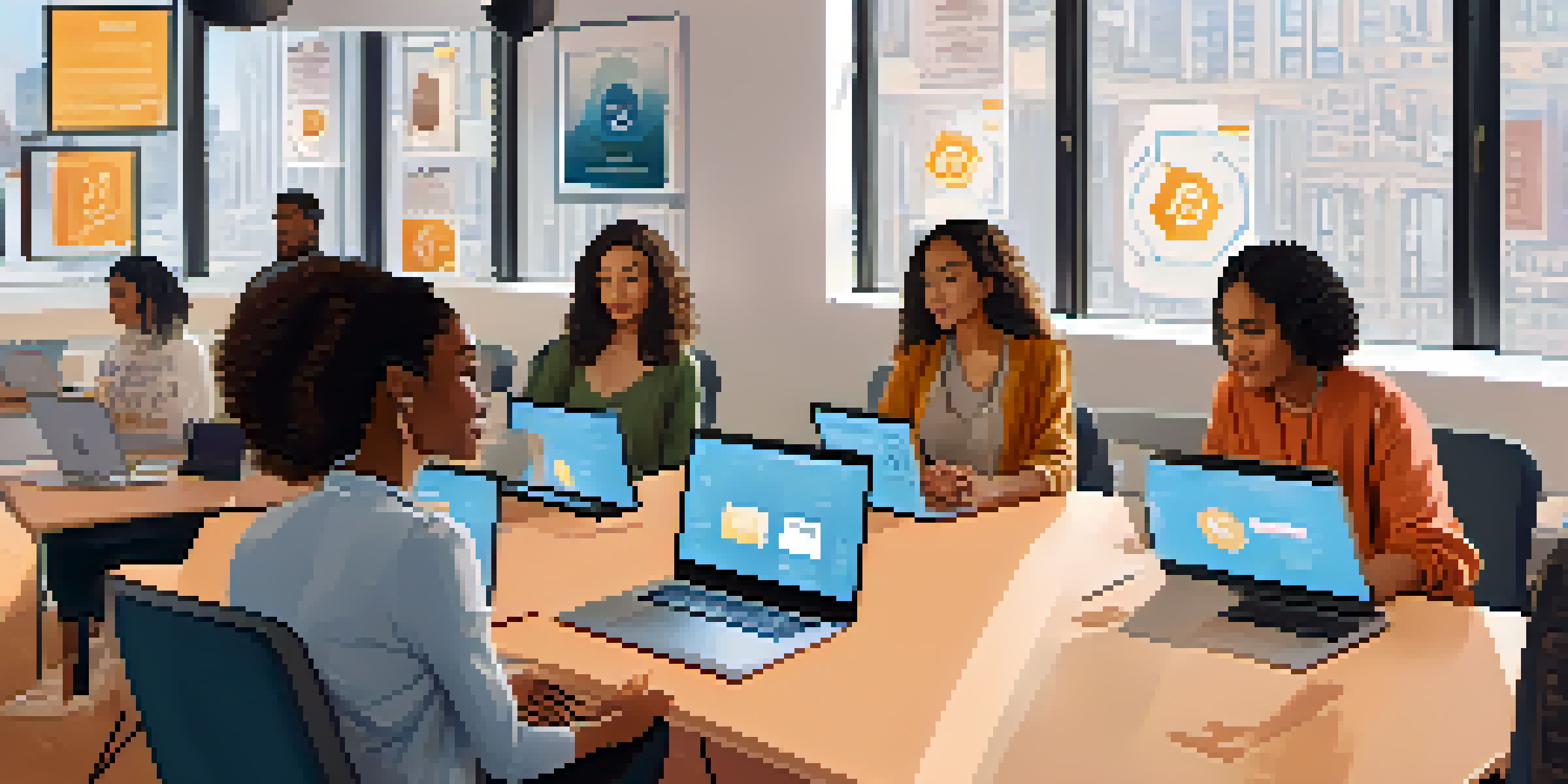 A diverse group of women participating in a cryptocurrency workshop, surrounded by laptops and educational materials.