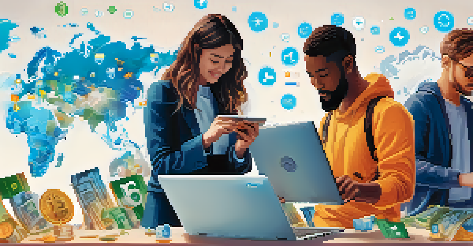 A diverse group of people from various countries making online purchases with digital currency symbols in the background.