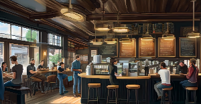 A lively coffee shop with a barista serving a customer who is using a mobile device to pay with cryptocurrency, surrounded by warm decor and natural light.