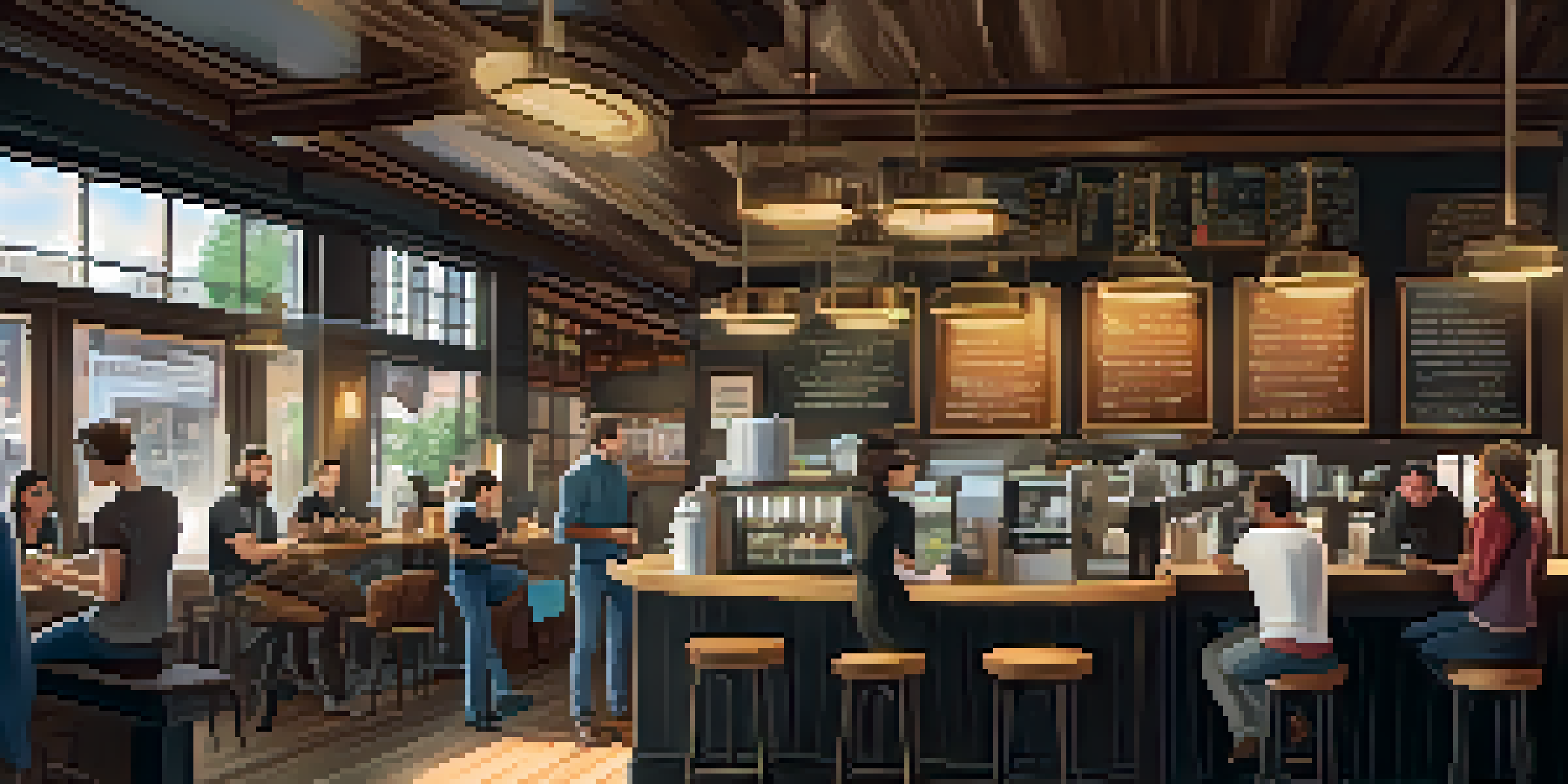 A lively coffee shop with a barista serving a customer who is using a mobile device to pay with cryptocurrency, surrounded by warm decor and natural light.