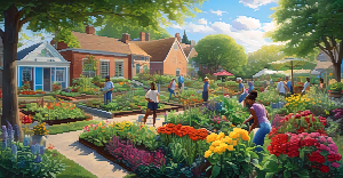 A diverse group of people working together in a vibrant community garden, planting seeds under warm sunlight.