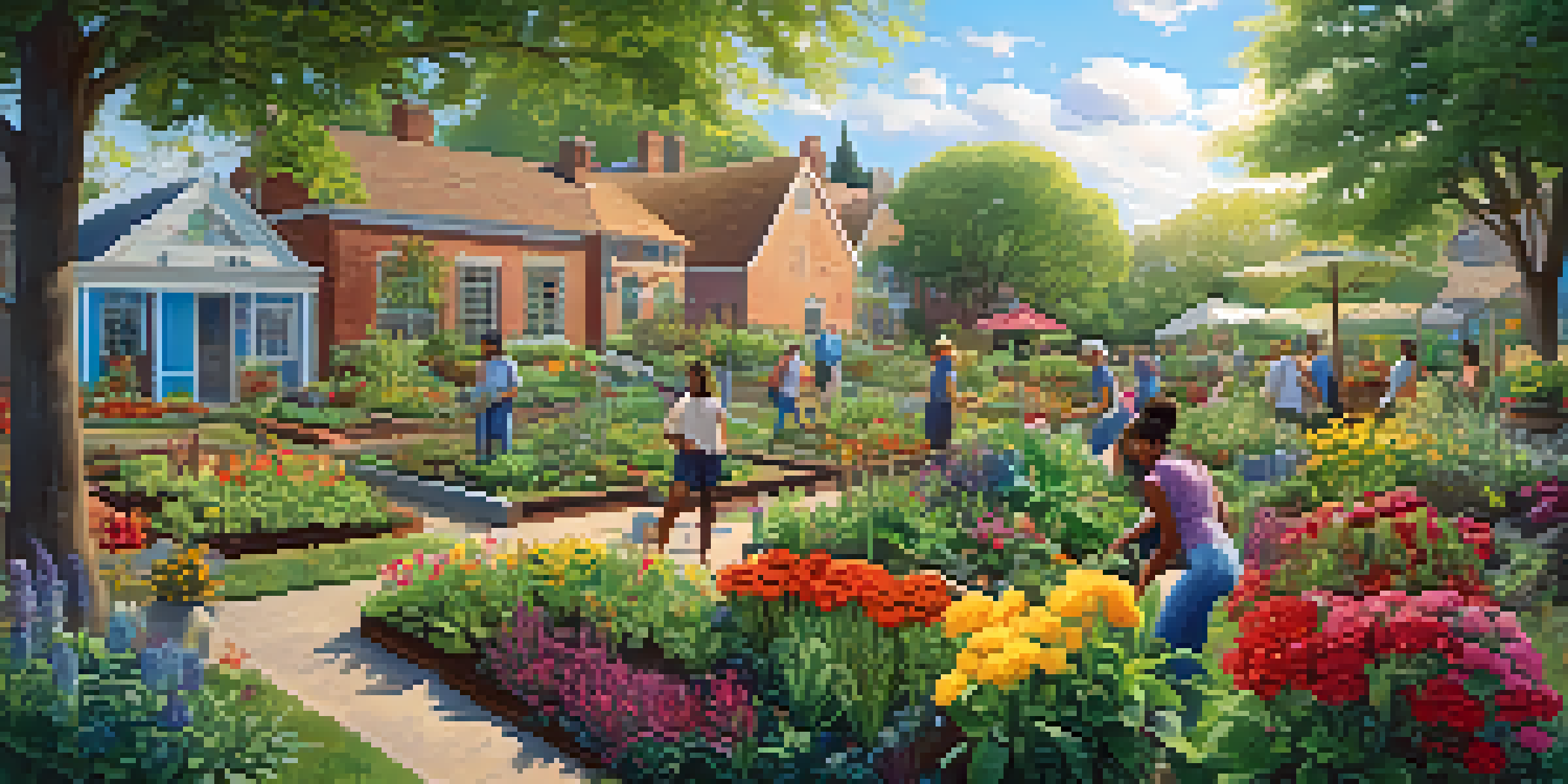 A diverse group of people working together in a vibrant community garden, planting seeds under warm sunlight.