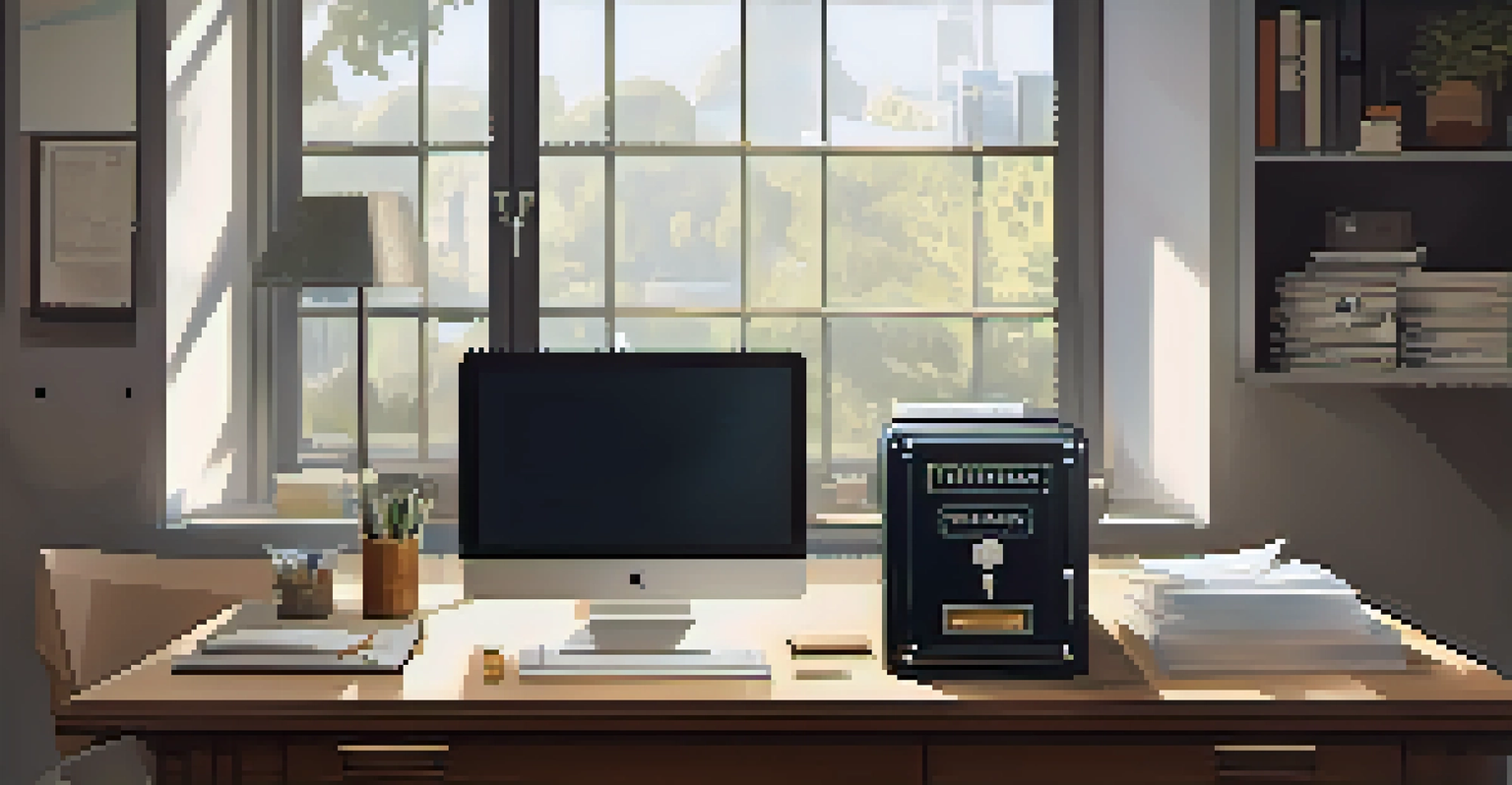 An organized workspace with a fireproof safe open, displaying papers with recovery phrases and a hardware wallet, illuminated by natural light.