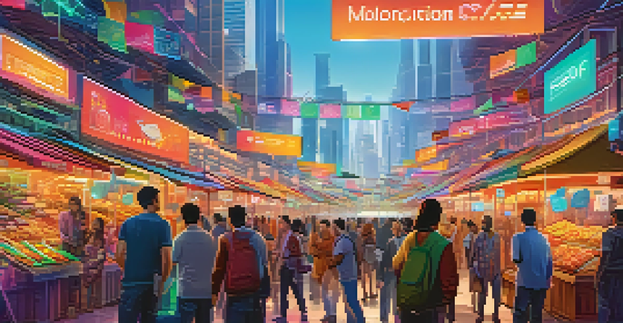 A colorful digital marketplace filled with people engaging in financial transactions, showcasing cryptocurrencies and blockchain technology against a futuristic city backdrop.