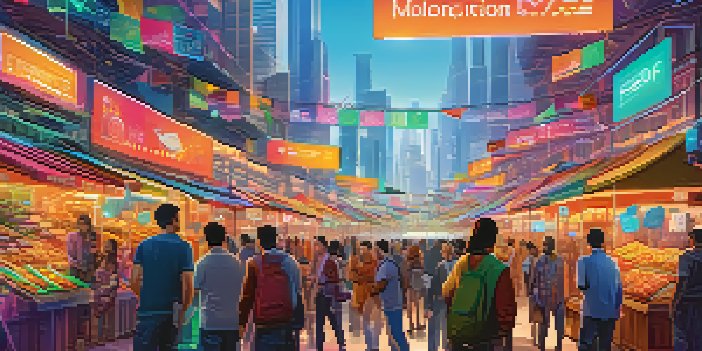 A colorful digital marketplace filled with people engaging in financial transactions, showcasing cryptocurrencies and blockchain technology against a futuristic city backdrop.