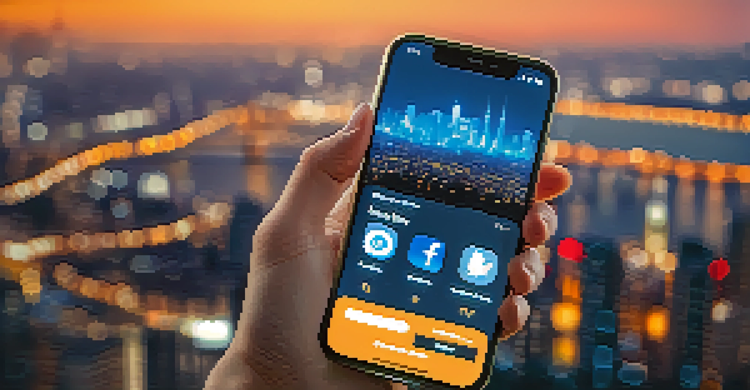 A close-up of a smartphone showing trending cryptocurrency posts on social media against a blurred city skyline at dusk.