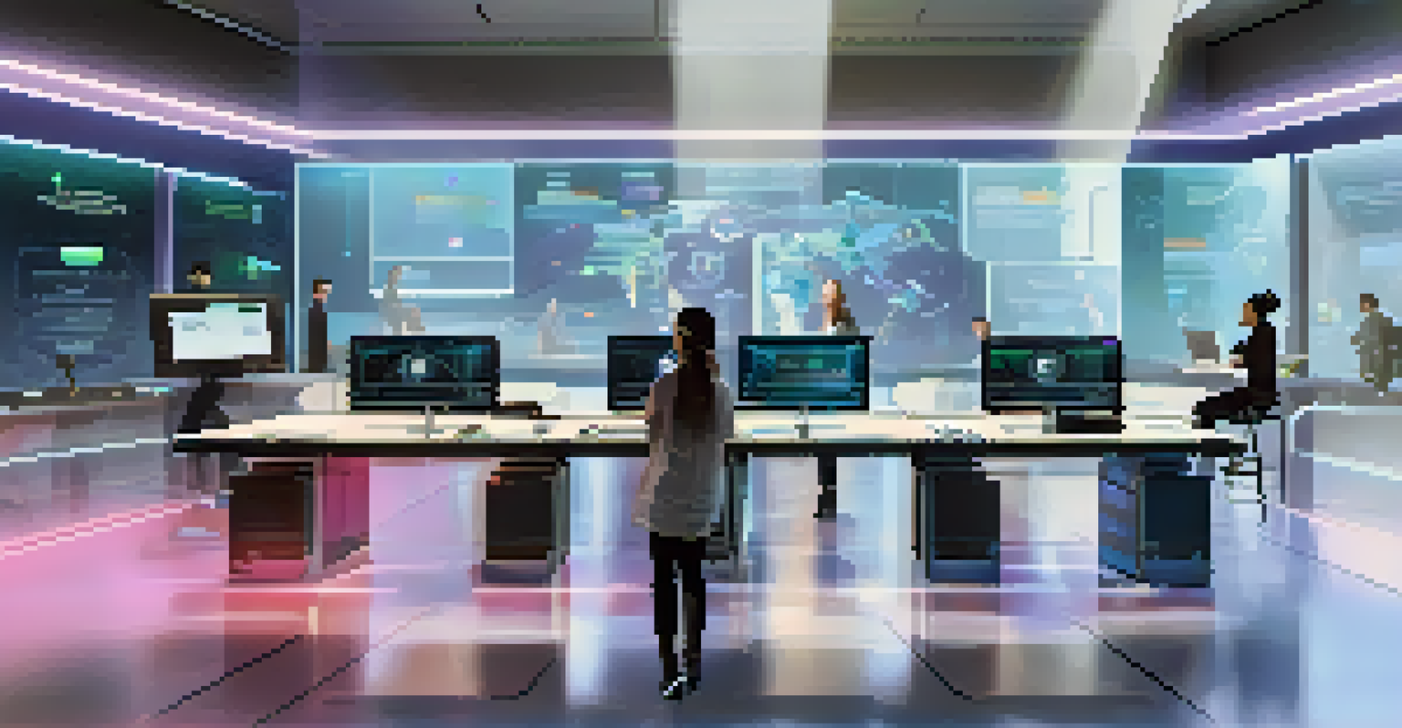 A modern workspace with people using technology to engage in a DAO, surrounded by holographic displays.