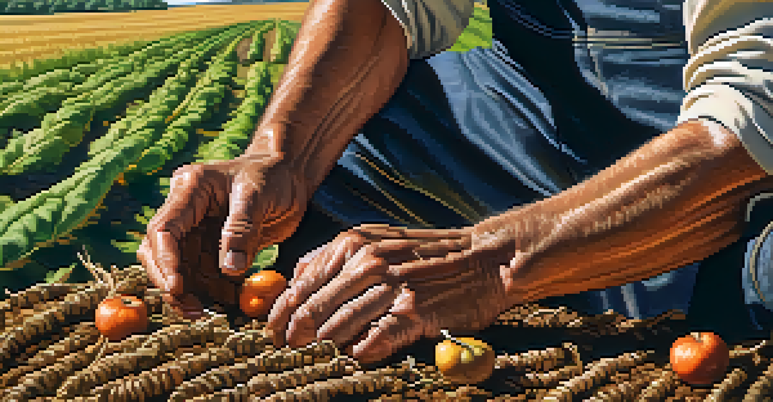 A close-up of a farmer's hands holding freshly harvested crops, with green fields in the background under a clear blue sky.