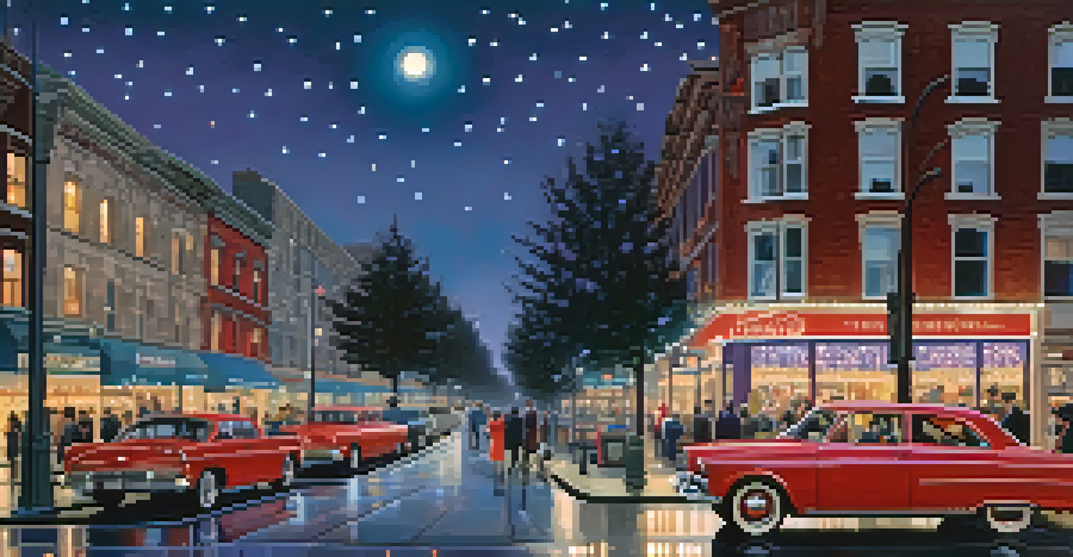 A lively city street at twilight with glowing shops and busy pedestrians.