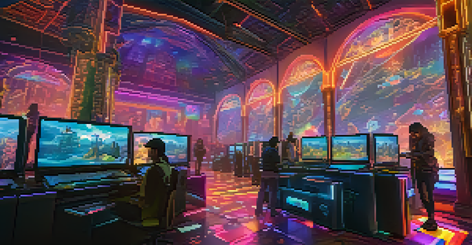 A digital gaming landscape featuring colorful NFTs and players interacting with unique in-game items.