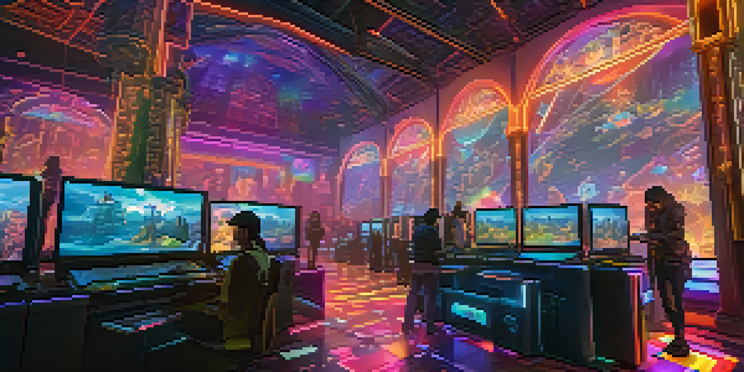 A digital gaming landscape featuring colorful NFTs and players interacting with unique in-game items.